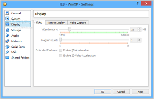 Showing the display settings for virtual machines in VirtualBox